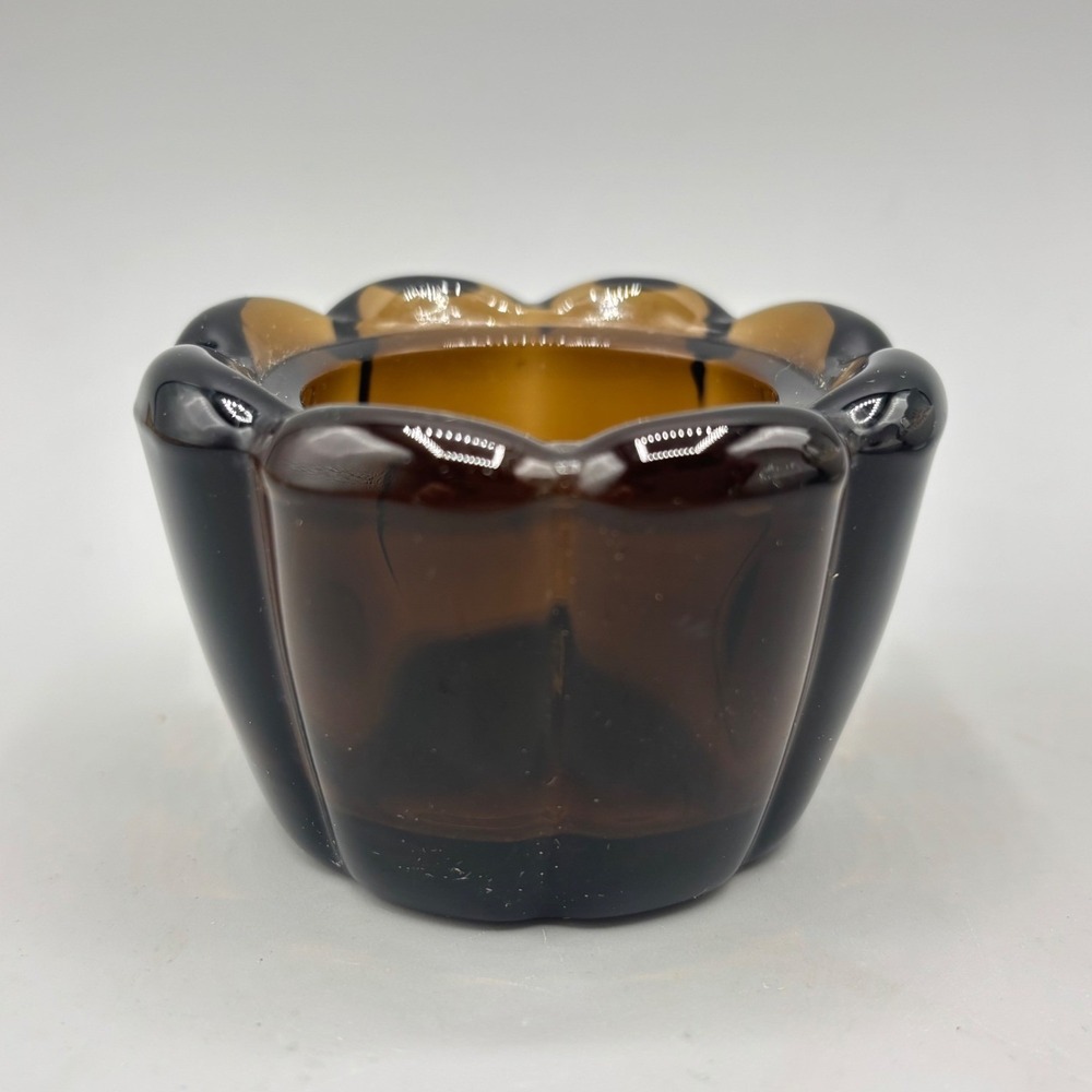 Vintage Brown Scalloped Glass Votive Candle Holder Mid Century Modern MCM